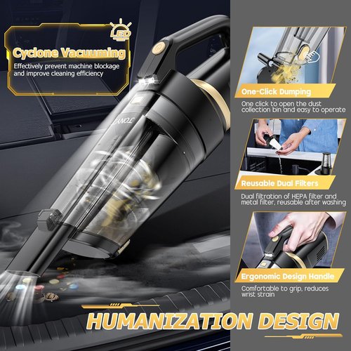 JONYJ Cordless Handheld Vacuum - 16000PA Strong Suction, Portable & Rechargeable with Multi-Nozzles & LED Light