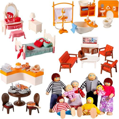 HyDren 83-Piece Wooden Dollhouse Furniture Set - Includes 8 Flexible Dolls for 5 Rooms | Perfect Gift for Toddlers