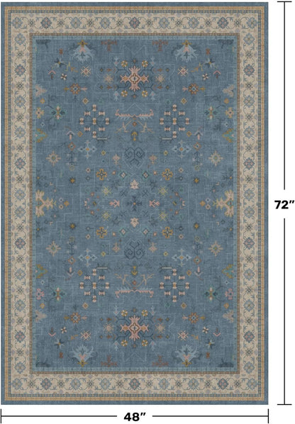 Skiennix Washable 4x6 Area Rug - Stain Resistant Non-Slip Design for Living Room & Kitchen | Light Blue & Aqua Floral Décor