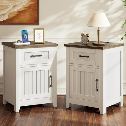 End Table Set of 2 with Built-In Charging Station, White