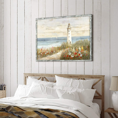 Lighthouse Framed Wooden Wall Art: Abstract Ocean Artwork Seascape Painting Beach Art Prints Coastal Pictures for Living Room 40"x30"