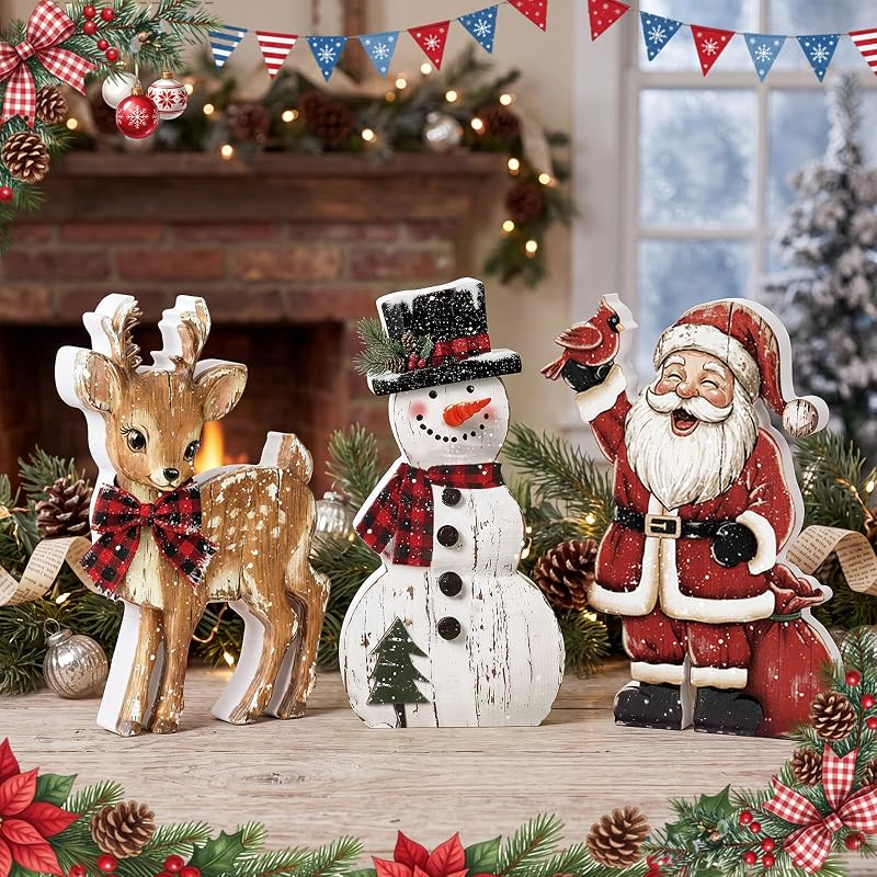 3 Pcs Christmas Wooden Decorations Set – Snowman, Santa & Reindeer Signs (Variation: 3+Snowman Santa Reindeer)