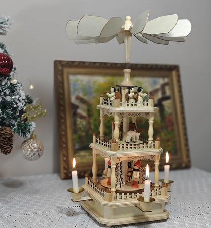 Rotating Christmas Pyramids - 18-Inch Wood Nativity Scene Carousel with 4 Candle Holders
