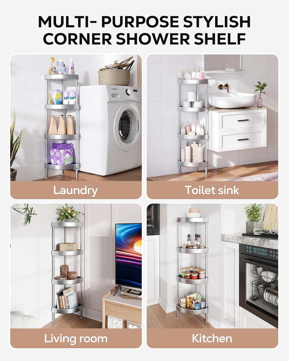Nieifi Corner Shower Caddy Stand - 4-Tier Rustproof Aluminum Organizer | Height-Adjustable Legs for Stability - Silver