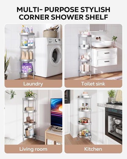 Nieifi Corner Shower Caddy Stand - 4-Tier Rustproof Aluminum Organizer | Height-Adjustable Legs for Stability - Silver