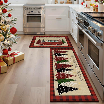 Christmas Kitchen Floor Mats 2-Pack Non-Slip 17x30 & 17x47 Red with Tree Print - Holiday Rug Set