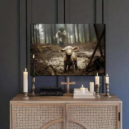 Framed Jesus Christ Wall Art - Canvas Painting of Jesus and Lamb | Biblical Decor 12" x 16"