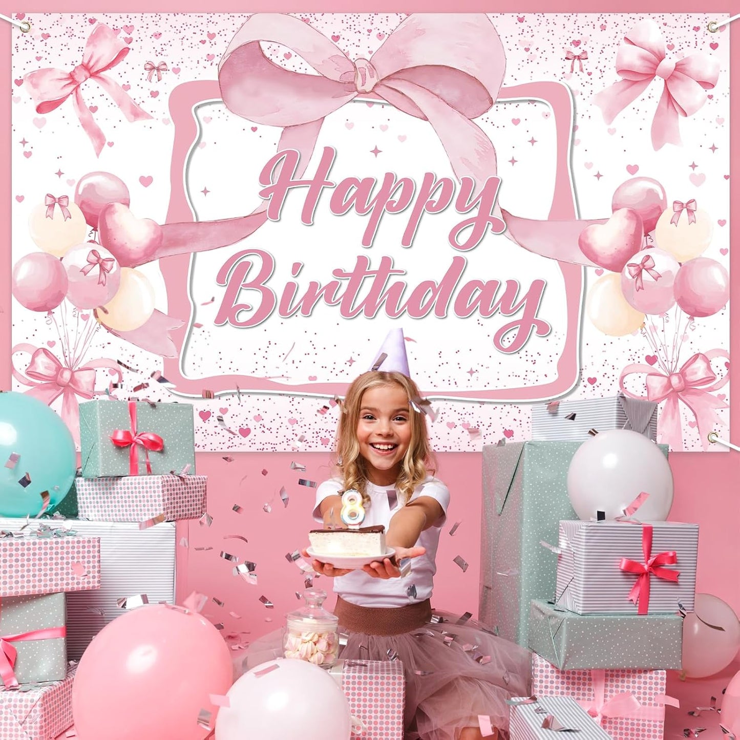 Skiennix Pink Bow Birthday Backdrop - Happy Birthday Banner Decorations for Girls' Parties