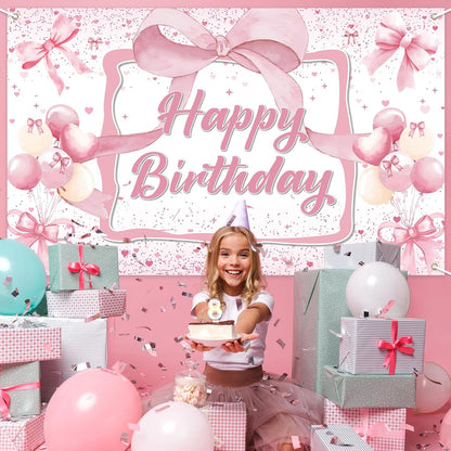 Skiennix Pink Bow Birthday Backdrop - Happy Birthday Banner Decorations for Girls' Parties