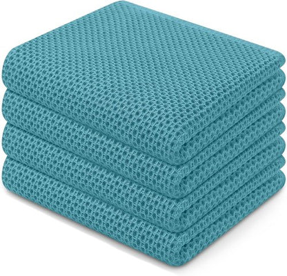 Homaxy Kitchen Dish Towels - 100% Cotton Waffle Weave, Ultra Soft & Absorbent, 13 x 28 Inches, 4-Pack | Lake Blue