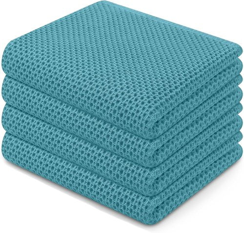 Homaxy Kitchen Dish Towels - 100% Cotton Waffle Weave, Ultra Soft & Absorbent, 13 x 28 Inches, 4-Pack | Lake Blue