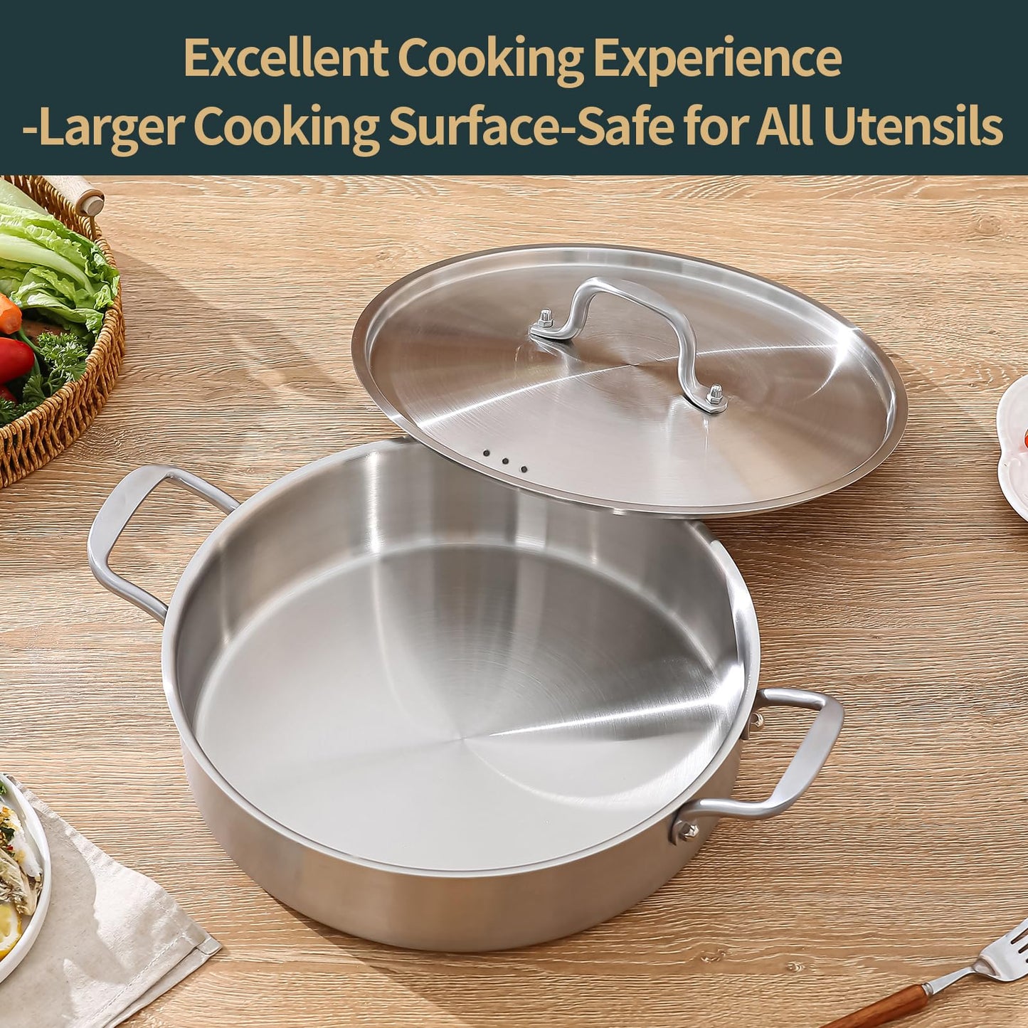 Yeksum Saute Pan with Lid, 5 Quart Tri-Ply Stainless Steel Saute Pan, 12inch Deep Frying Pan with Lid, Large Skillet, Rondeau Pot with Lid Compatible with All Cooktops Up to 600℉