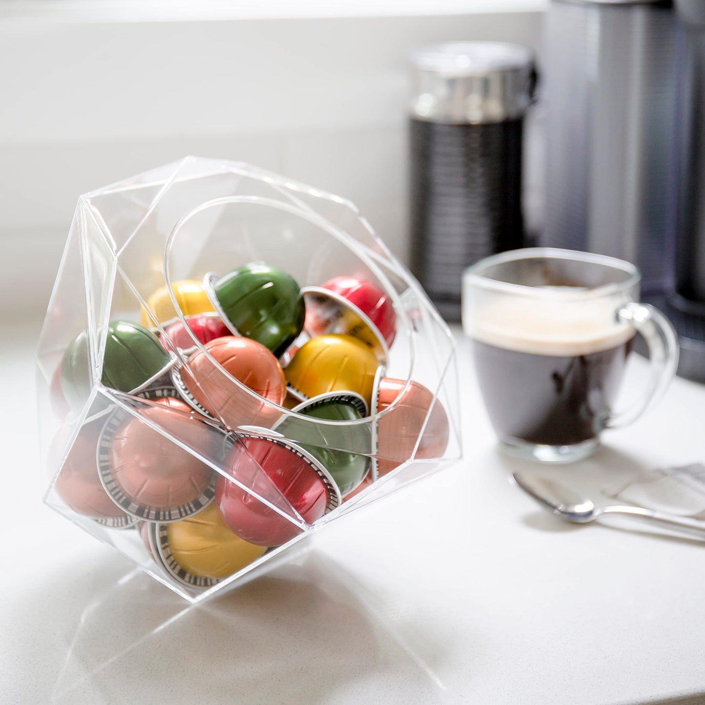 Verre Collection Hexagon Capsule Pod Holder, Compatible for Nespresso Vertuoline, Dolce Gusto, Clear Dispenser, Storage Solution