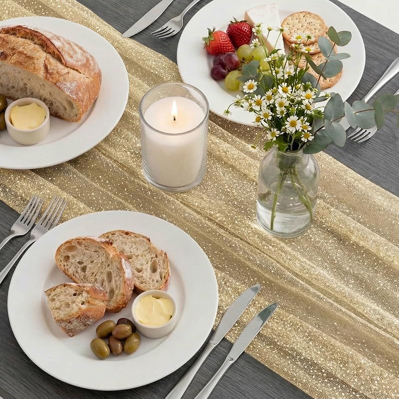 Gold Gauze Table Runner 10ft - 120x29in Glitter Tulle with Sequins (Variation: Gold+10)