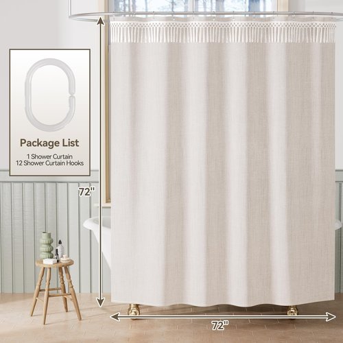 AmazerBath Boho Farmhouse Shower Curtain Beige with Top Tassels, Faux Linen Fabric Neutral Shower Curtain Set with Hooks, Water Repellent, 72x72 Inches