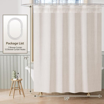 AmazerBath Boho Farmhouse Shower Curtain Beige with Top Tassels, Faux Linen Fabric Neutral Shower Curtain Set with Hooks, Water Repellent, 72x72 Inches