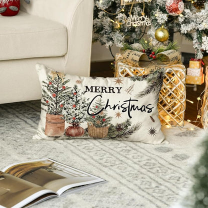 Merry Christmas Eucalyptus Red Berries Throw Pillow Cover 20" x 12" — Winter Holiday Cushion Case