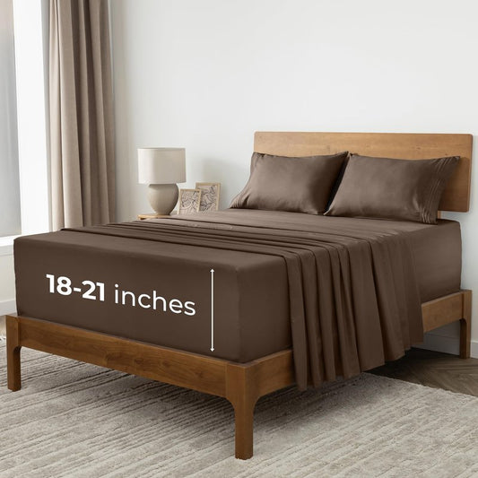 Mellanni Extra Deep California King Sheets - 4 PC Iconic Collection Bedding - Hotel Luxury, Ultra Soft, Cooling Bed Sheets - Wrinkle, Fade, Stain Resistant (Cal King, Brown)