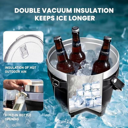 COKTIK 7L Insulated Ice Bucket with Lid，Double Wall Vacuum Stainless Steel Beverage Bucket Keeps Frozen Longer，Holds 6 Longnecks or 3 Bottles of Wine，for Cocktail, Champagne, Large Parties(Black)