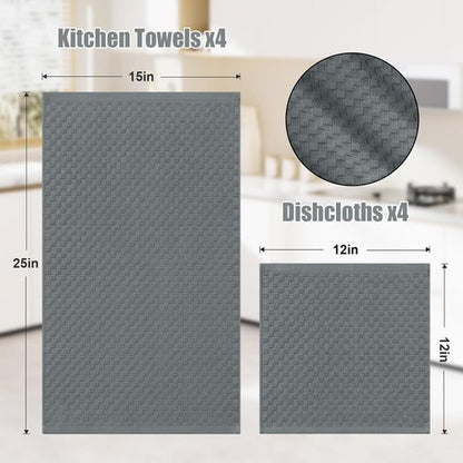 Homaxy Kitchen Towels Set - 100% Cotton, Super Soft & Absorbent | 8-Piece Set in Dark Grey, 12x12 & 15x25 Inches