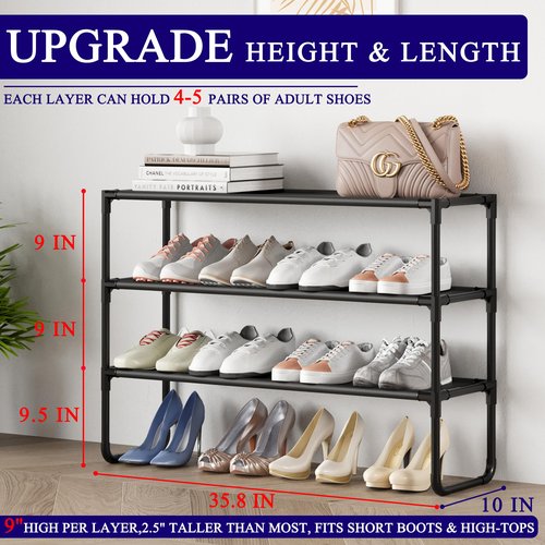 COAPUKT Long Shoe Rack, 3-Tier Stackable Shoe Organizer for Closet, Entryway, Hallway, Extra Bottom Layer, Holds 16-20 Pairs, Sturdy & Durable Waterproof Fabric Shelf, Space-Saving,Black(35.8" Wide)