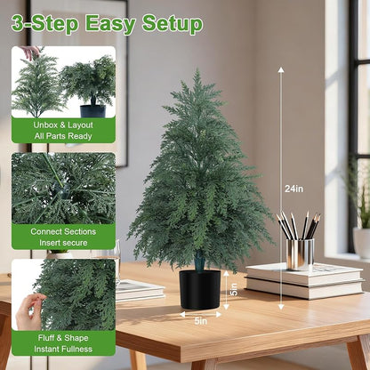 2FT Artificial Topiary Cedar Trees with Pot – 2 Pack, Faux Plants