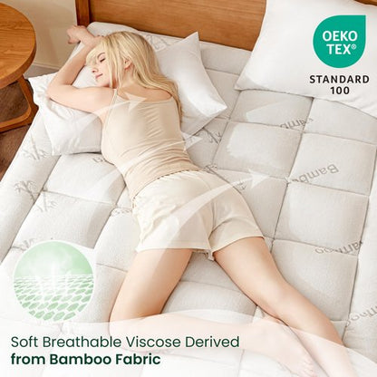 Love's cabin Queen Mattress Topper Viscose Derived from Bamboo, Thick Pillow Top Mattress Pad with Stretchable Pockets for 8"-20" Mattress, Soft Breathable Cooling Mattress Topper for Hot Sleepers