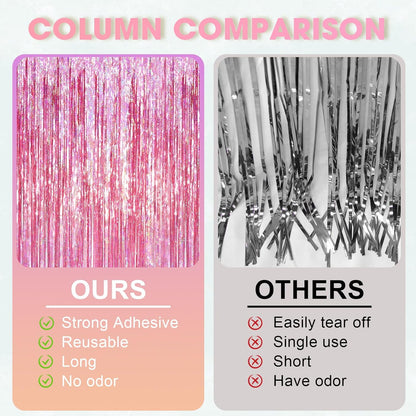 Voircoloria Laser Pink Tinsel Foil Fringe Curtains - 2 Pack Metallic Backdrop for Parties & Celebrations