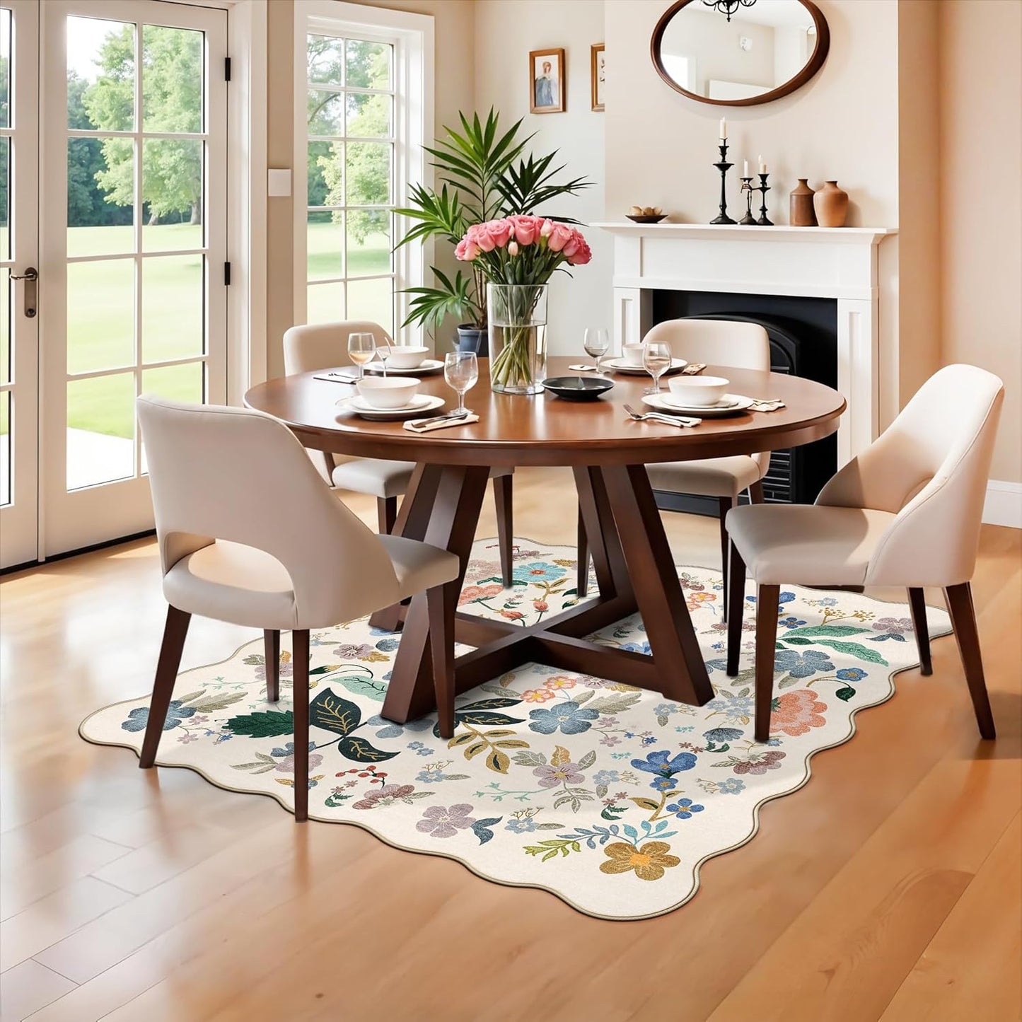 Skiennix Washable 4x4 Square Area Rug - Floral Scalloped Soft Non-Slip Mat for Living Room & Nursery (Cream)