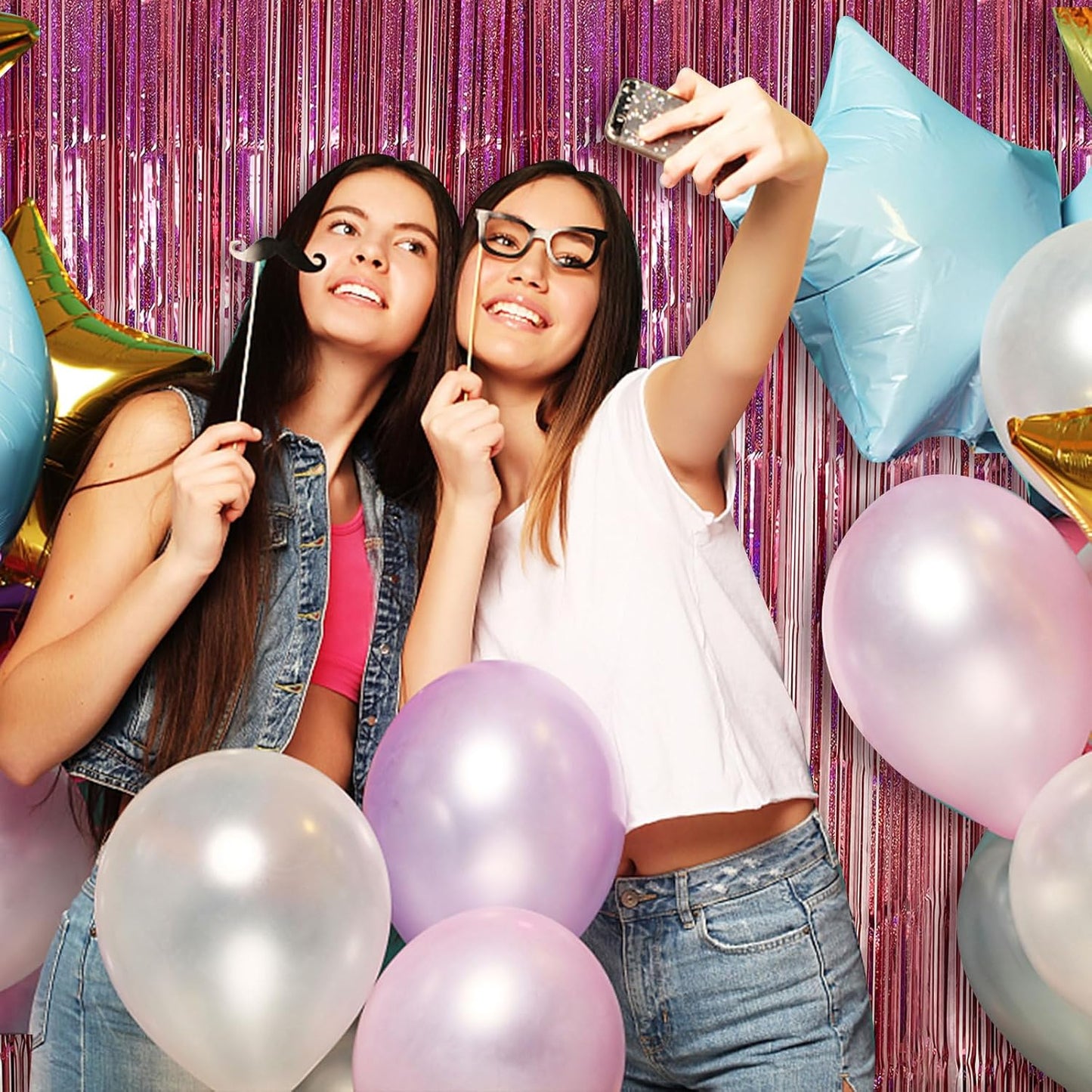 Skiennix 2 Pack Pink Backdrop Decorations - Tinsel Curtain Foil Fringe for Birthday & Graduation