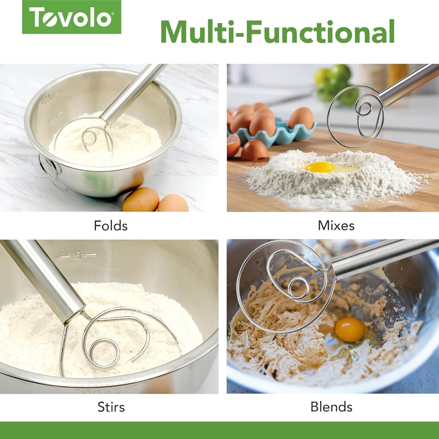 Tovolo Danish Dough Whisk - Stainless Steel Sourdough Mixer for Easy Baking | Dishwasher Safe