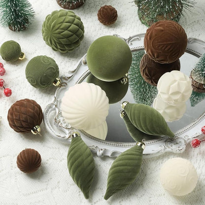 52 Pcs Velvet Christmas Ornaments Set - Flocked Shatterproof Balls, Brown Cream Green (Variation of THIS listing)