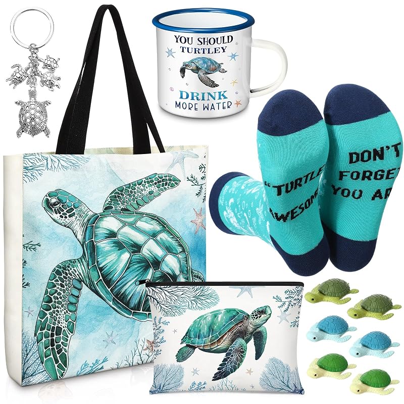 Sea Turtle Gift Set: Tote Bag, Makeup Bag, 14 oz Enamel Mug, Socks, Keychain — Sea Turtle Variation