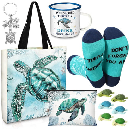 Sea Turtle Gift Set: Tote Bag, Makeup Bag, 14 oz Enamel Mug, Socks, Keychain — Sea Turtle Variation