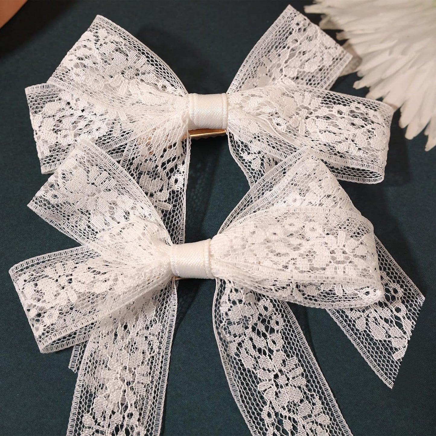 Skiennix White Lace Tulle Hair Bows - Elegant Long Tail Ribbons & Tassel Barrettes for Women
