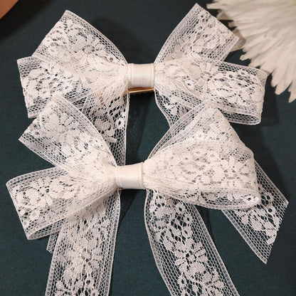 Skiennix White Lace Tulle Hair Bows - Elegant Long Tail Ribbons & Tassel Barrettes for Women
