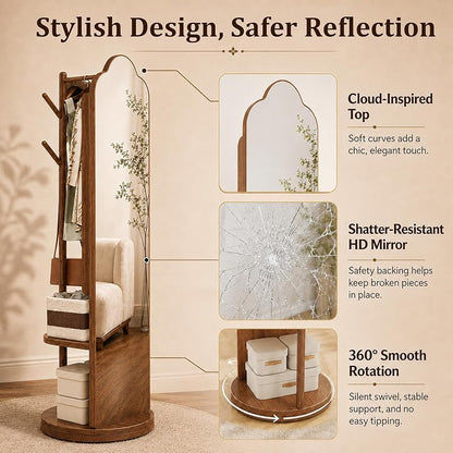 Full Length Mirror with Coat Rack & Storage – 66" L x 18" W Walnut Brown, 360° Rotating Solid Wood