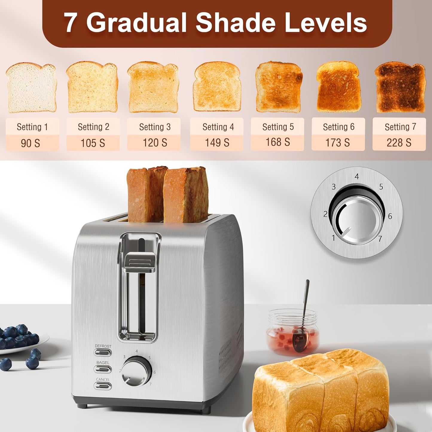 Runnatal 2-Slice Stainless Steel Toaster - Multifunctional with 7 Settings, Defrost & Bagel Functions | Easy to Clean, 120V 800W Silver