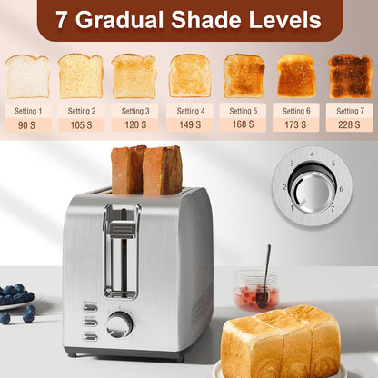Runnatal 2-Slice Stainless Steel Toaster - Multifunctional with 7 Settings, Defrost & Bagel Functions | Easy to Clean, 120V 800W Silver