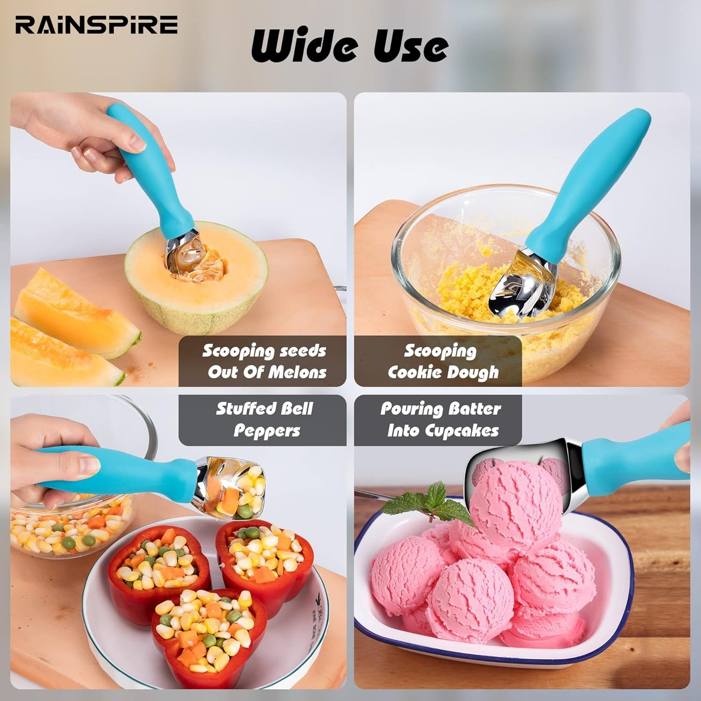 Rainspire Stainless Steel Ice Cream Scoop - Heavy Duty Design with Comfortable Handle | Perfect for Gelato, Sorbet, and Cookie Dough