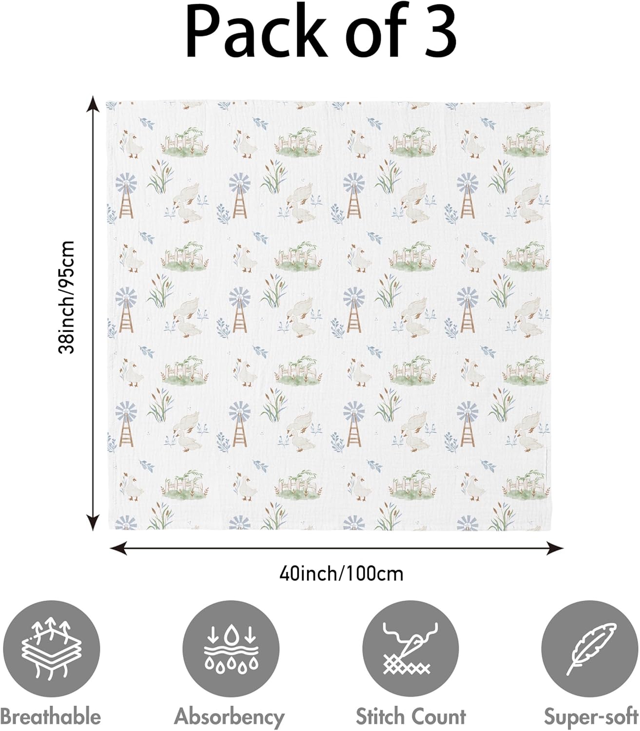 Skiennix Muslin Swaddle Blankets - 3 Pack Soft & Breathable Receiving Blankets, Large 38 x 40 Inches, Perfect for Newborns & Toddler Gifts
