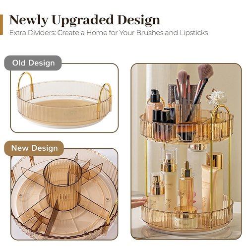 Aveniee 360 Rotating Makeup Organizer - Upgraded Two-Tier Vanity Storage for Perfume & Skincare - Gold