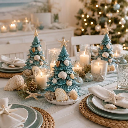 Coastal Christmas Tree Decor - 7.9'' Seashell Resin Tabletop Holiday Figurine