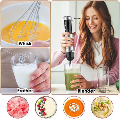 Immersion Blender Handheld for Kitchen,Emulsion Blender Handheld with Titanium Blades,12 Speed Electric Hand Mixer with BPA Free Attachments:Chopper Bowl,Whisk,Milk Frother,Measuring Cup