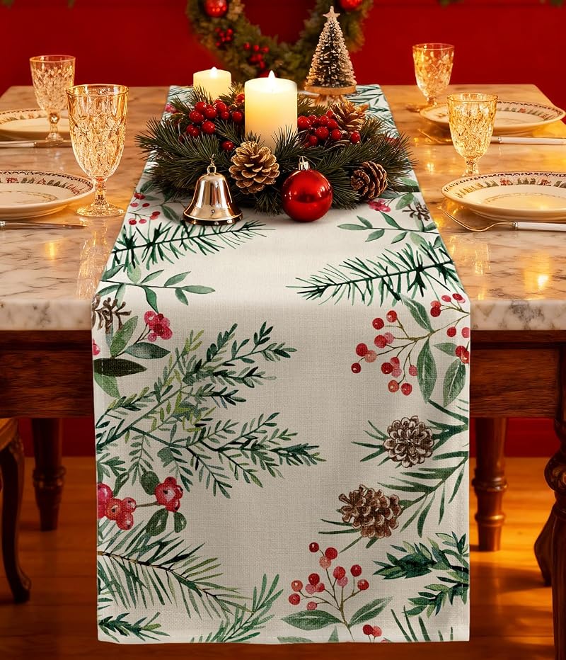 Miss Adola Holly Pine 13x48 Inch Christmas Table Runner - Watercolor Berries