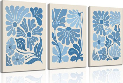 Blue Flower Market Canvas Wall Art - Boho Botanical Aesthetic Paintings for Living Room & Bedroom Decor
