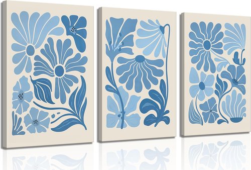 Blue Flower Market Canvas Wall Art - Boho Botanical Aesthetic Paintings for Living Room & Bedroom Decor