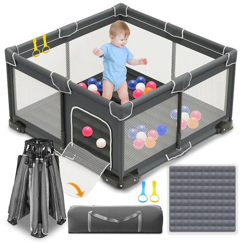 ICAREWAY Foldable Playpen - Portable 50x50 Inch Indoor & Outdoor Baby Fence with Visible Mesh - Dark Gray