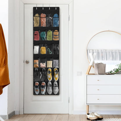 Simple Houseware 24-Pocket Over The Door Hanging Shoe Organizer - Crystal Clear, Black (64" x 19")