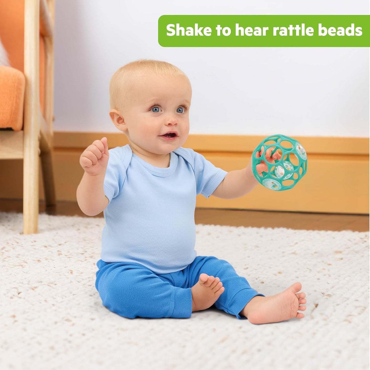 Bright Starts Oball Rattle - Easy-Grasp BPA-Free Infant Toy in Teal | 4 Inches, Newborn+